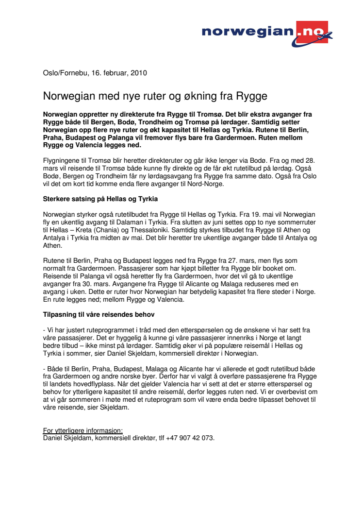 Norwegian med nye ruter og økning fra Rygge