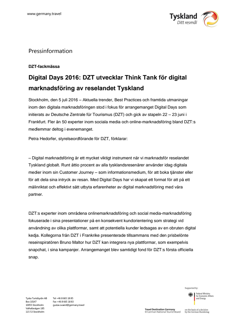 Digital Days 2016: DZT utvecklar Think Tank för digital marknadsföring av reselandet Tyskland