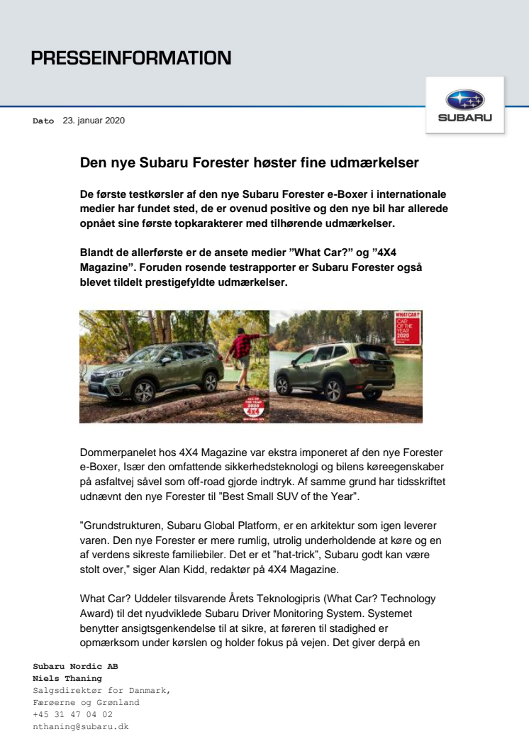 Den nye Subaru Forester høster fine udmærkelser