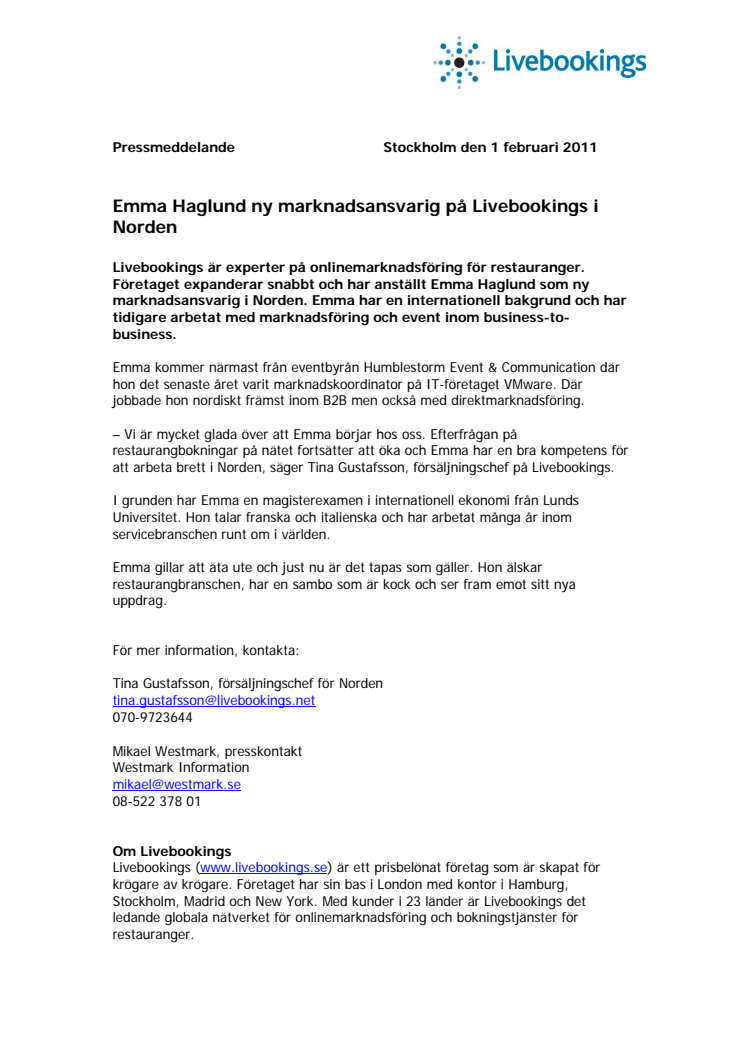 Emma Haglund ny marknadsansvarig på Livebookings i Norden
