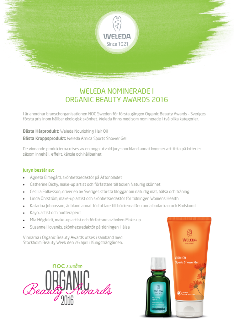 Weleda nominerade i Organic Beauty Awards 2016