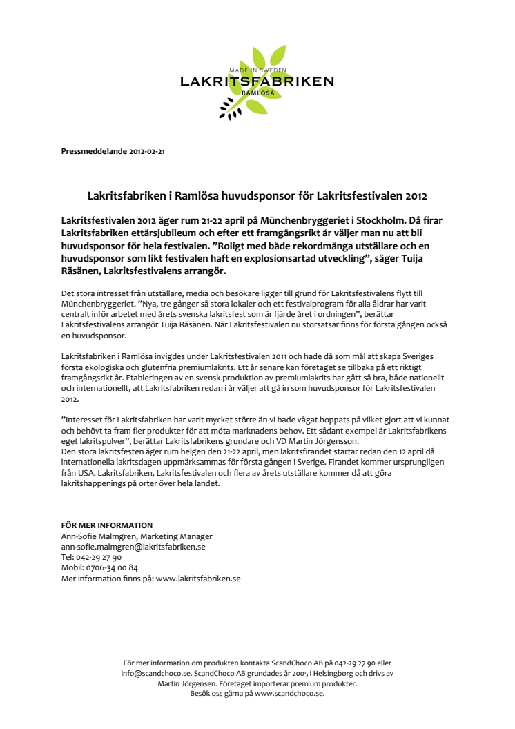 Lakritsfabriken i Ramlösa huvudsponsor för Lakritsfestivalen 2012