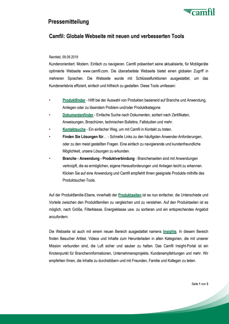 Camfil: Globale Webseite mit neuen und verbesserten Tools