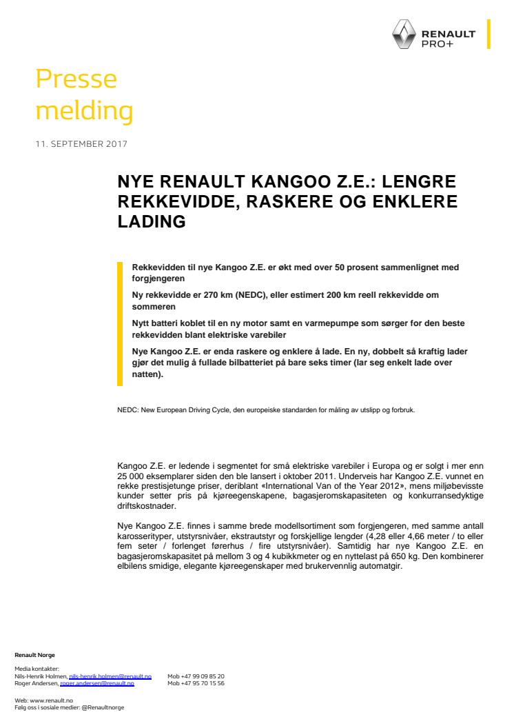  NYE RENAULT KANGOO Z.E.: LENGRE REKKEVIDDE, RASKERE OG ENKLERE LADING