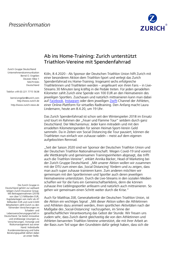 Ab ins Home-Training: Zurich unterstützt Triathlon-Vereine mit Spendenfahrrad
