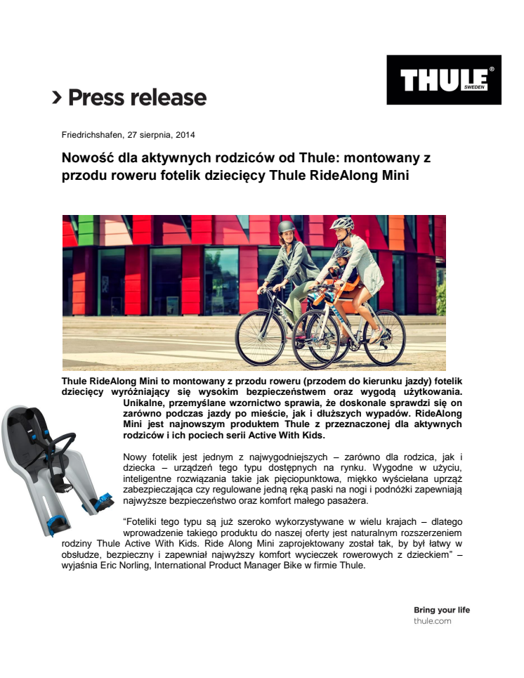 Nowość dla aktywnych rodziców od Thule: montowany z przodu roweru fotelik dziecięcy Thule RideAlong Mini