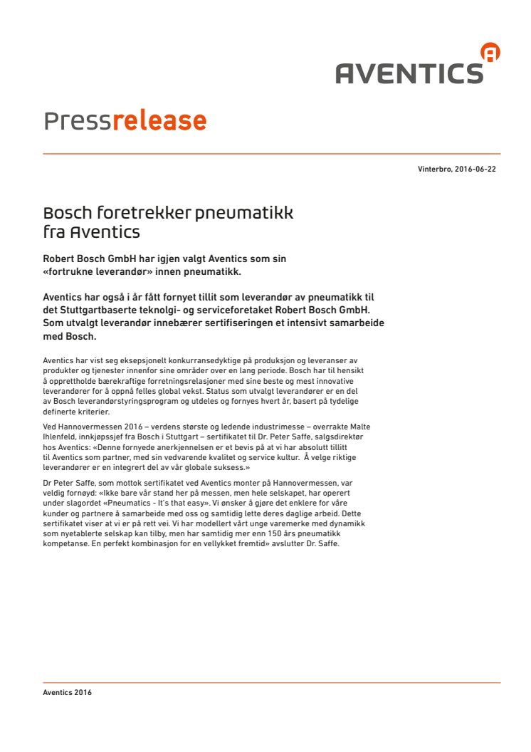 Bosch foretrekker pneumatikk  fra Aventics