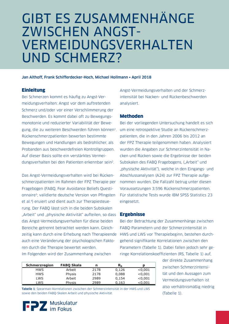 Handout zur Studie "Zusammenhang zwischen Angst-Vermeidungsverhalten und Schmerz"