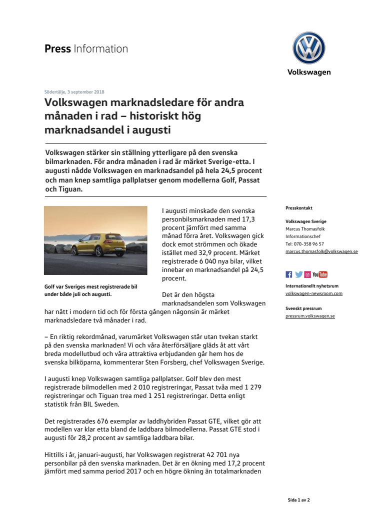 Volkswagen marknadsledare för andra månaden i rad – historiskt hög marknadsandel i augusti