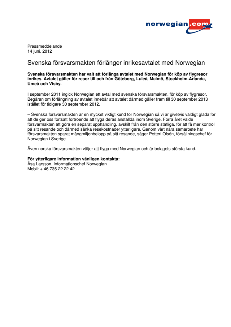 Svenska försvarsmakten förlänger inrikesavtalet med Norwegian