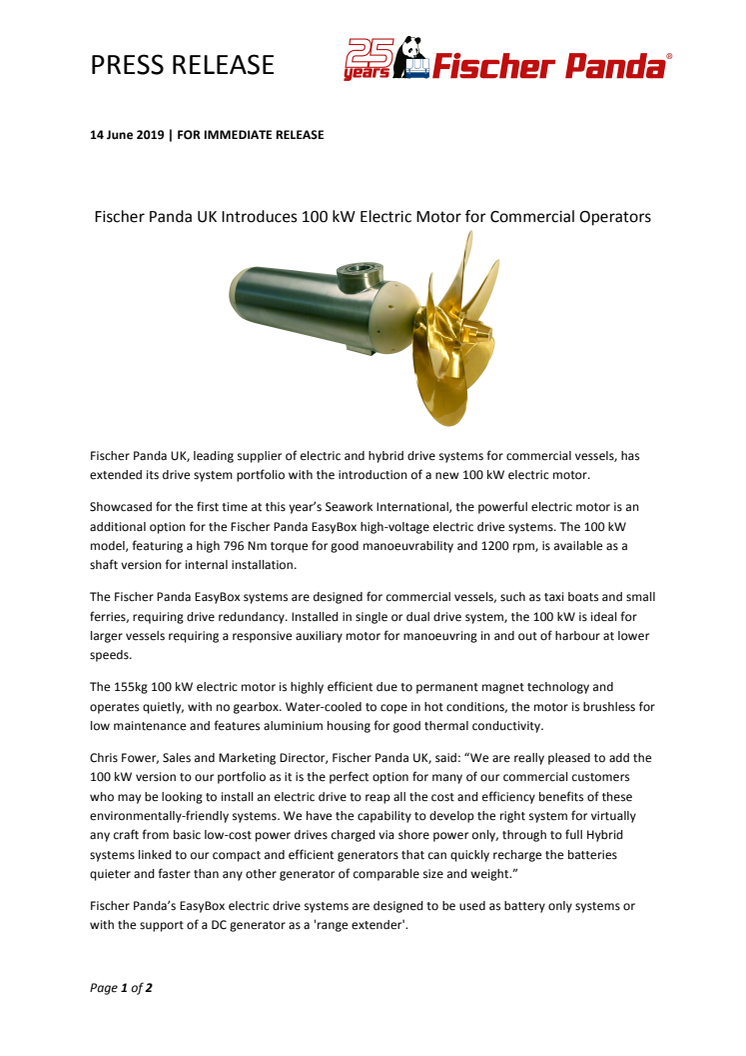 Fischer Panda UK Introduces 100 kW Electric Motor for Commercial Operators