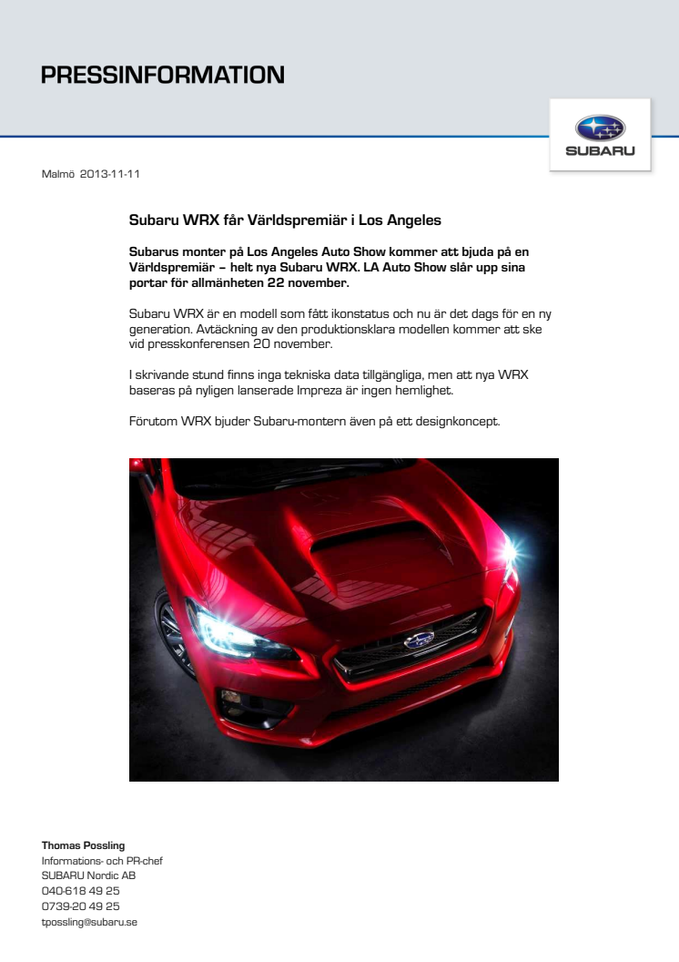 Subaru WRX får Världspremiär i Los Angeles