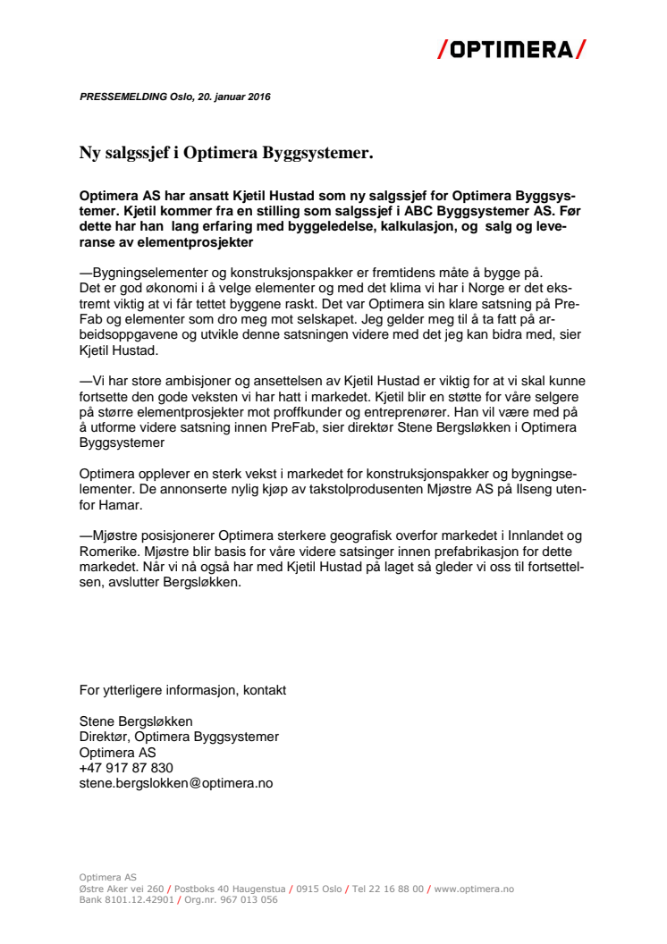 Ny salgssjef i Optimera Byggsystemer. 