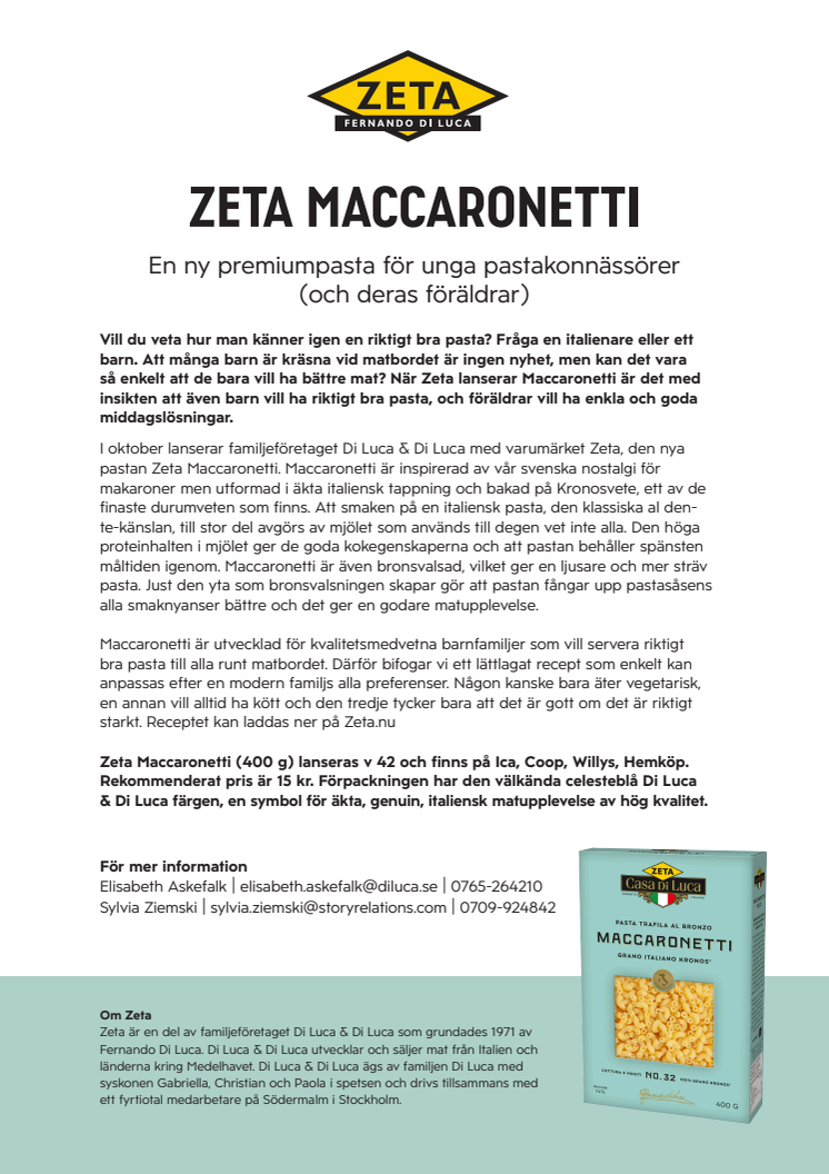 Zeta Maccaronetti - ny premiumpasta för unga pastakonnässörer (och deras föräldrar)
