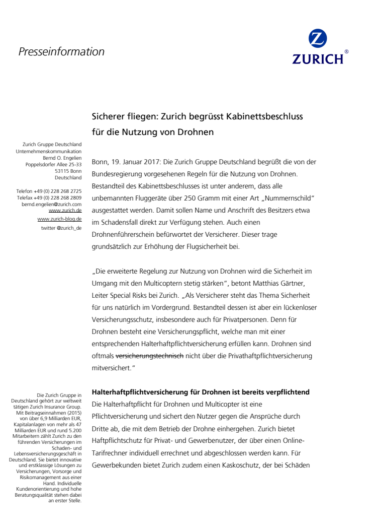 Sicherer fliegen: Zurich begrüsst Kabinettsbeschluss für die Nutzung von Drohnen 