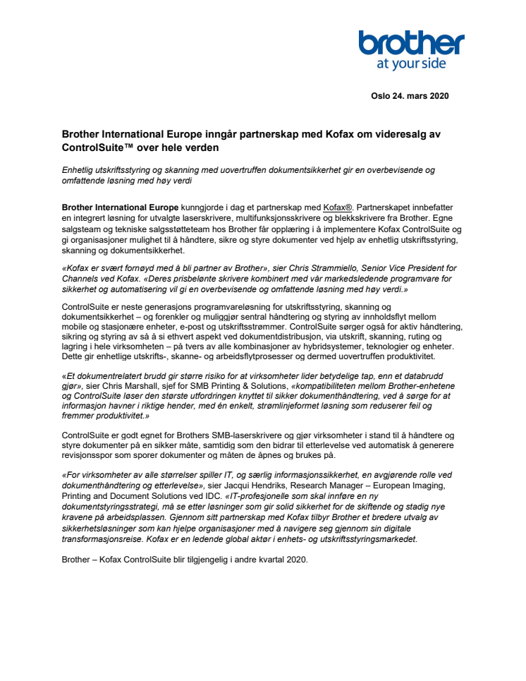 Brother International Europe inngår partnerskap med Kofax om videresalg av ControlSuite™ over hele verden
