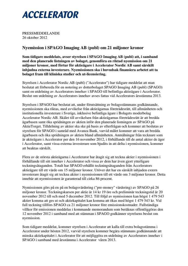 Nyemission i SPAGO Imaging AB (publ) om 21 miljoner kronor