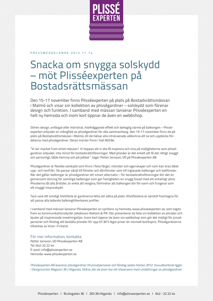 Snacka om snygga solskydd – möt Plisséexperten på Bostadsrättsmässan