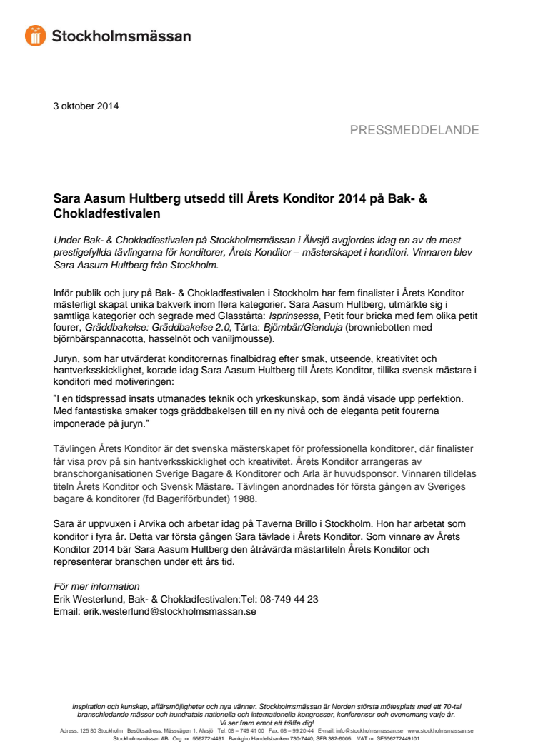 Sara Aasum Hultberg utsedd till Årets Konditor 2014 på Bak- & Chokladfestivalen