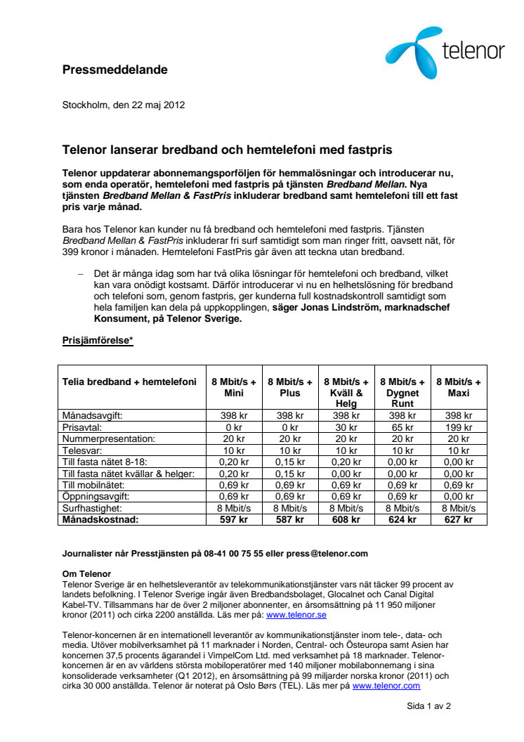 Telenor lanserar bredband och hemtelefoni med fastpris 