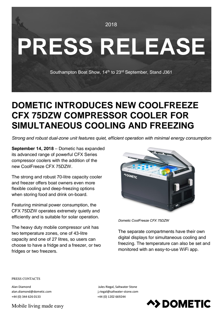 Dometic Introduces New CoolFreeze CFX 75DZW Compressor Cooler for Simultaneous Cooling and Freezing