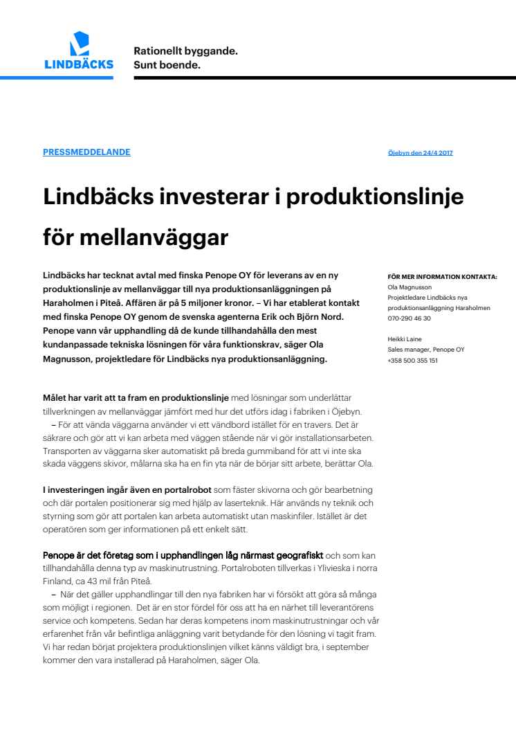 ​Lindbäcks investerar i ny produktionslinje för mellanväggar