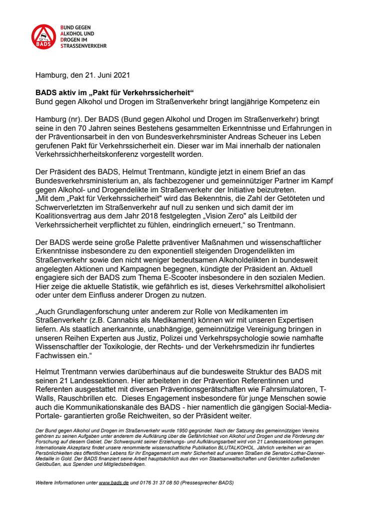 BADS aktiv im „Pakt für Verkehrssicherheit“