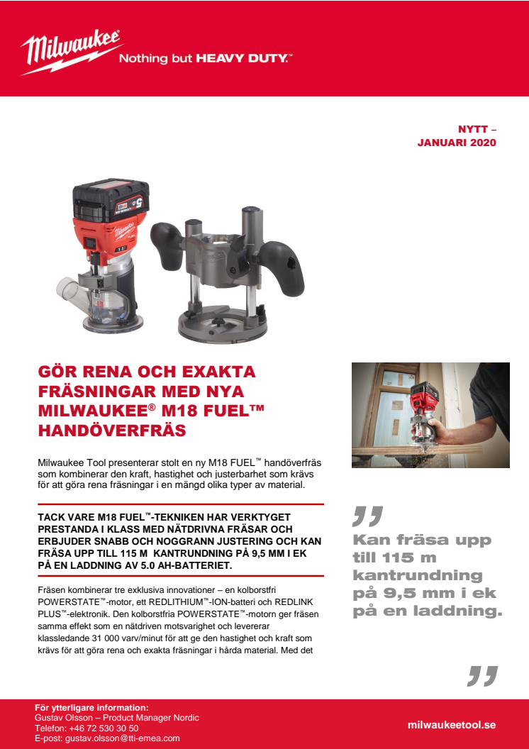 ​GÖR RENA OCH EXAKTA FRÄSNINGAR MED NYA MILWAUKEE® M18 FUEL™ HANDÖVERFRÄS