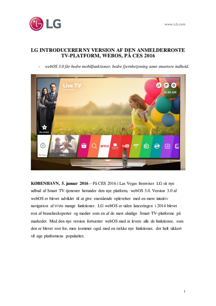 LG INTRODUCERER NY VERSION AF DEN ANMELDERROSTE TV-PLATFORM, WEBOS, PÅ CES 2016