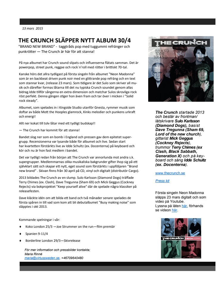 THE CRUNCH SLÄPPER NYTT ALBUM 30/4 "BRAND NEW BRAND" -  taggtråds pop med tuggummi refränger och punkrötter