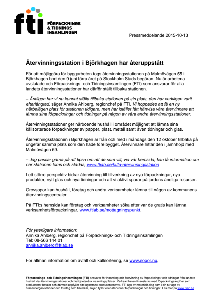 Återvinningsstation i Björkhagen har återuppstått