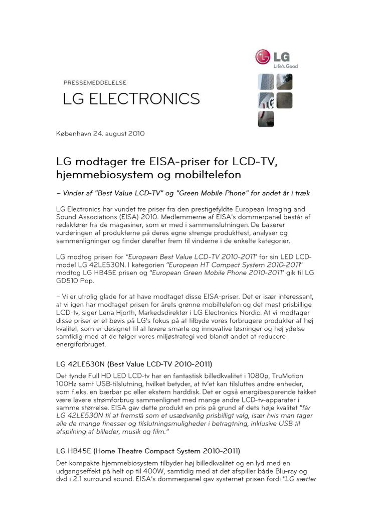 LG modtager tre EISA-priser for LCD-TV, hjemmebiosystem og mobiltelefon