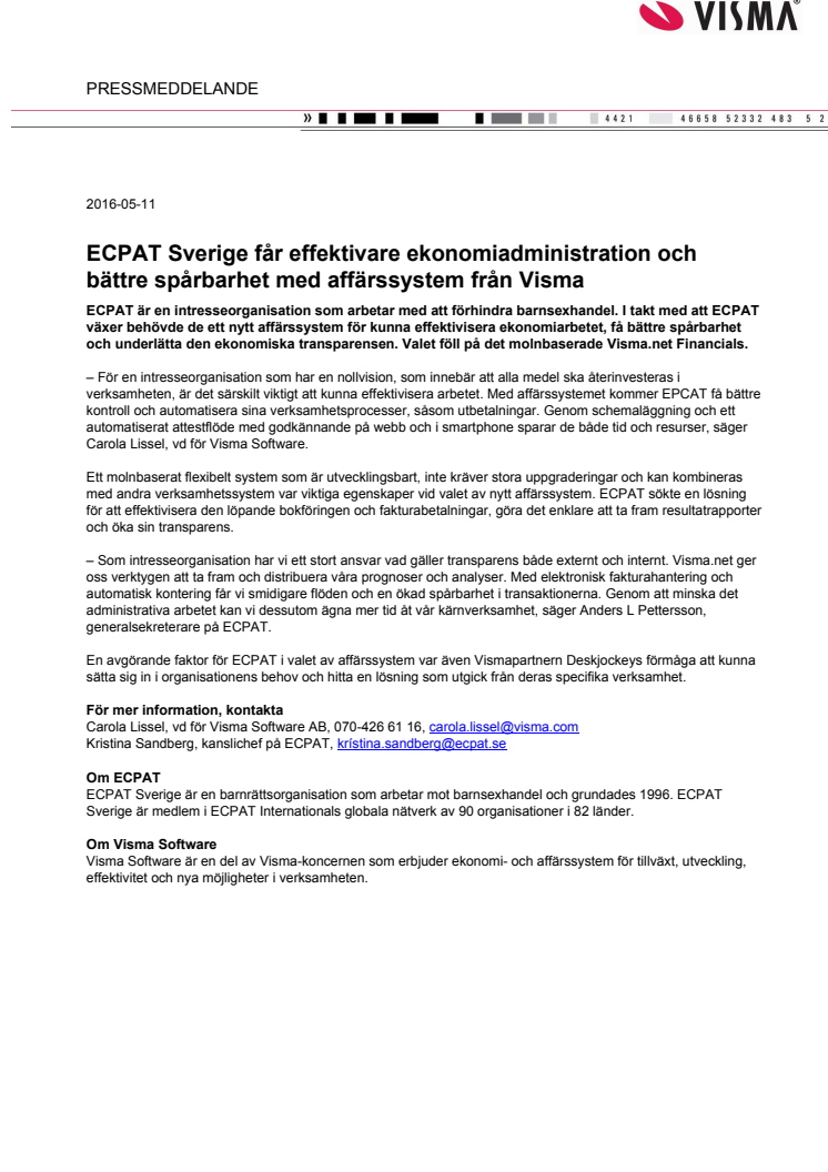 ECPAT Sverige får effektivare ekonomiadministration och bättre spårbarhet med affärssystem från Visma