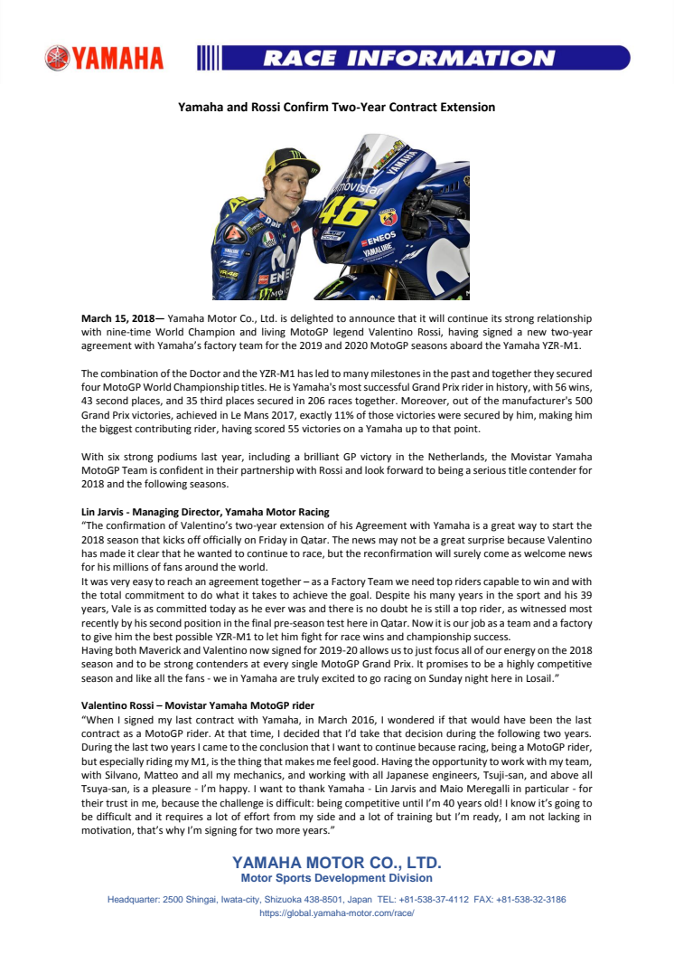 Yamaha and Rossi Confirm Two-Year Contract Extension