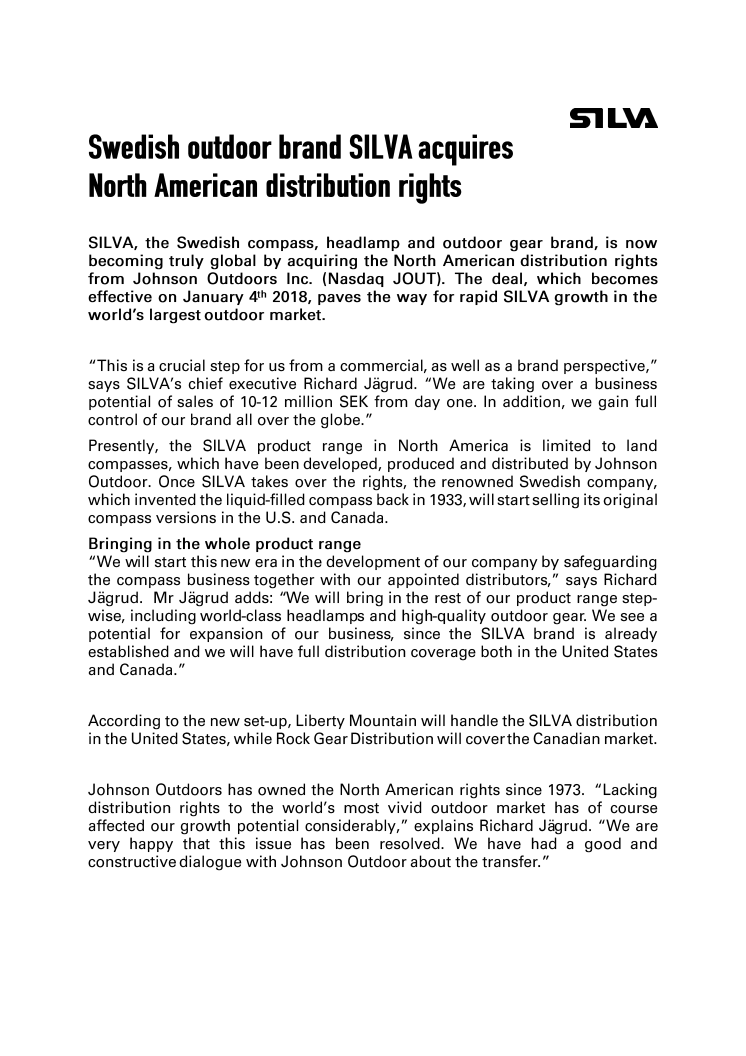 Swedish outdoor brand SILVA acquires  North American distribution rights