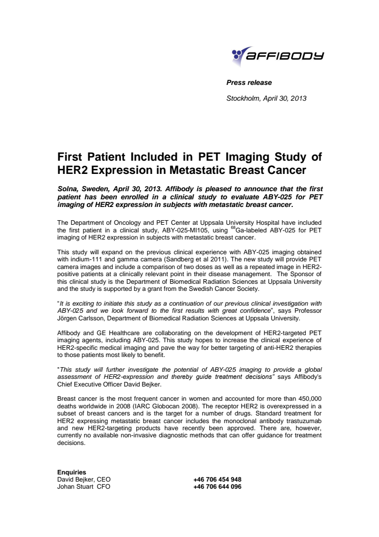 First Patient Included in PET Imaging Study of HER2 Expression in Metastatic Breast Cancer 