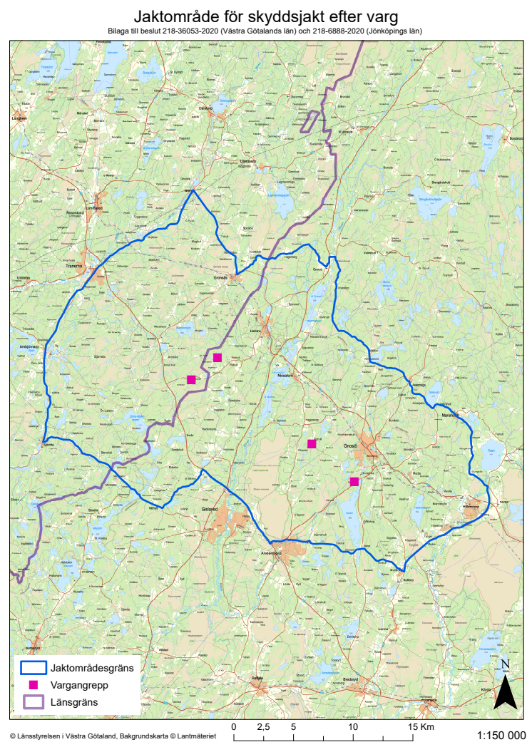 Karta: Jaktområde för skyddsjakt efter varg, bilaga till beslut