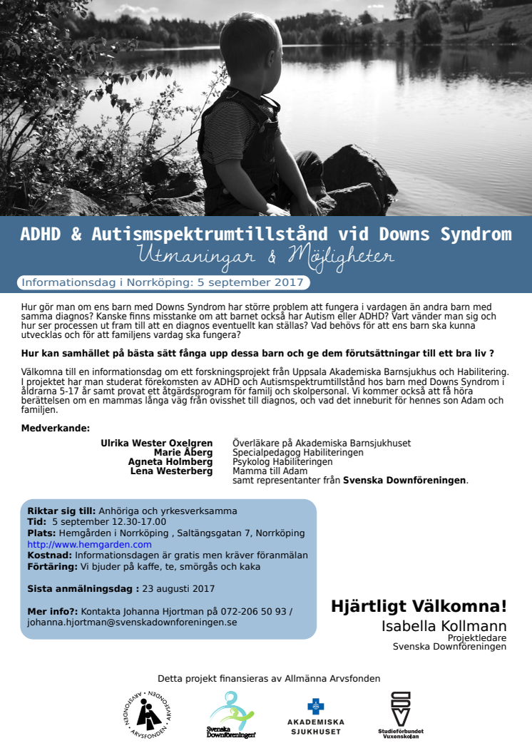 Påminnelse om anmälan till informationsdag  i Norrköping 5 september - "ADHD & Autism vid Downs Syndrom"