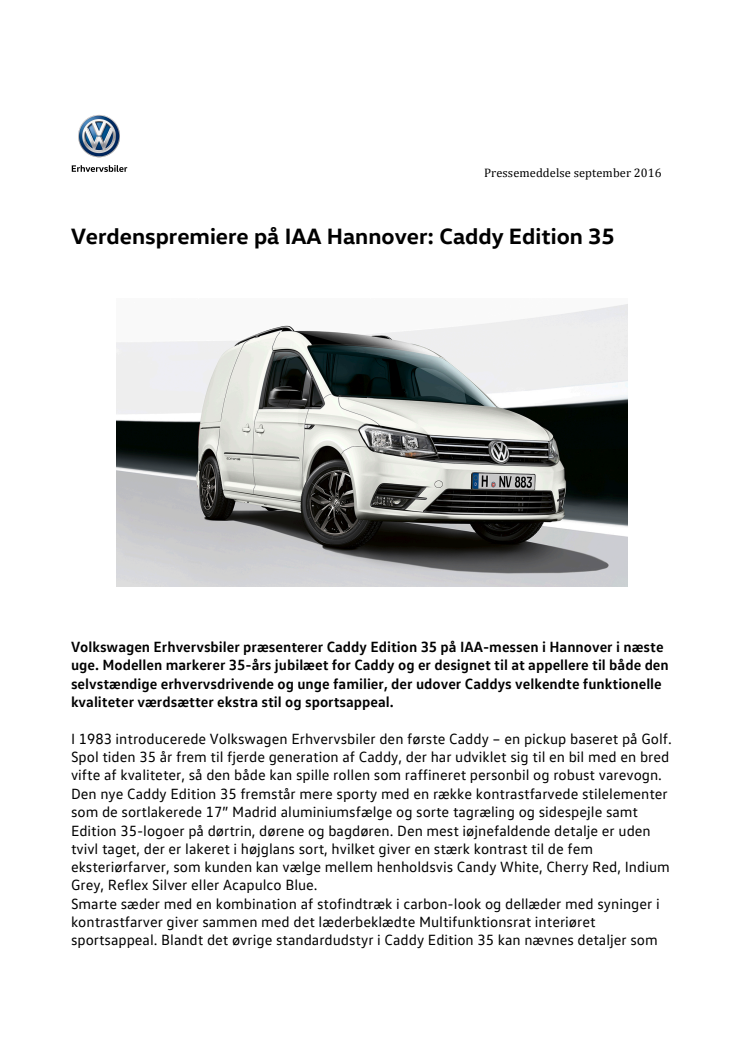 Verdenspremiere på IAA Hannover: Caddy Edition 35  