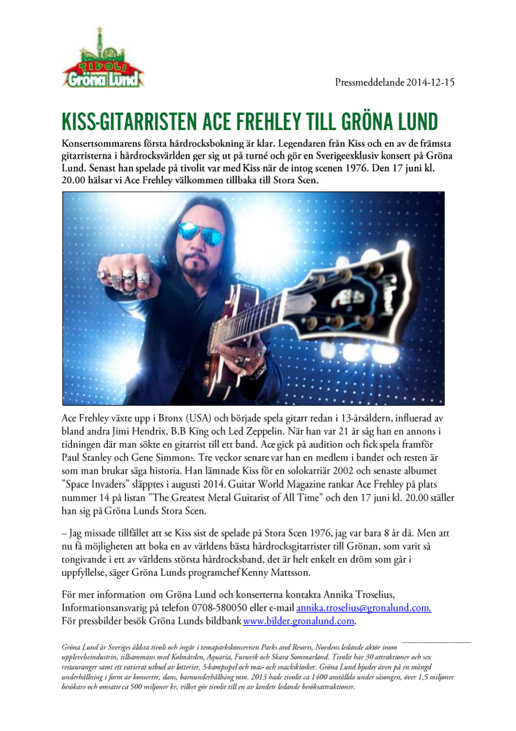 Kiss-gitarristen Ace Frehley till Gröna Lund