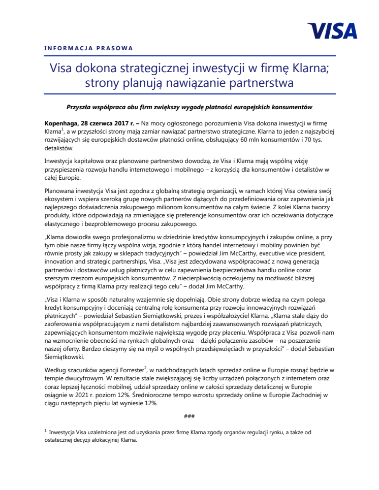 Visa dokona strategicznej inwestycji w firmę Klarna; strony planują nawiązanie partnerstwa