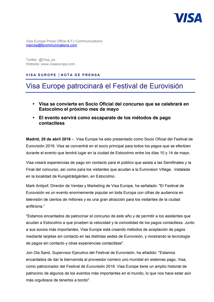 Visa Europe patrocinará el Festival de Eurovisión