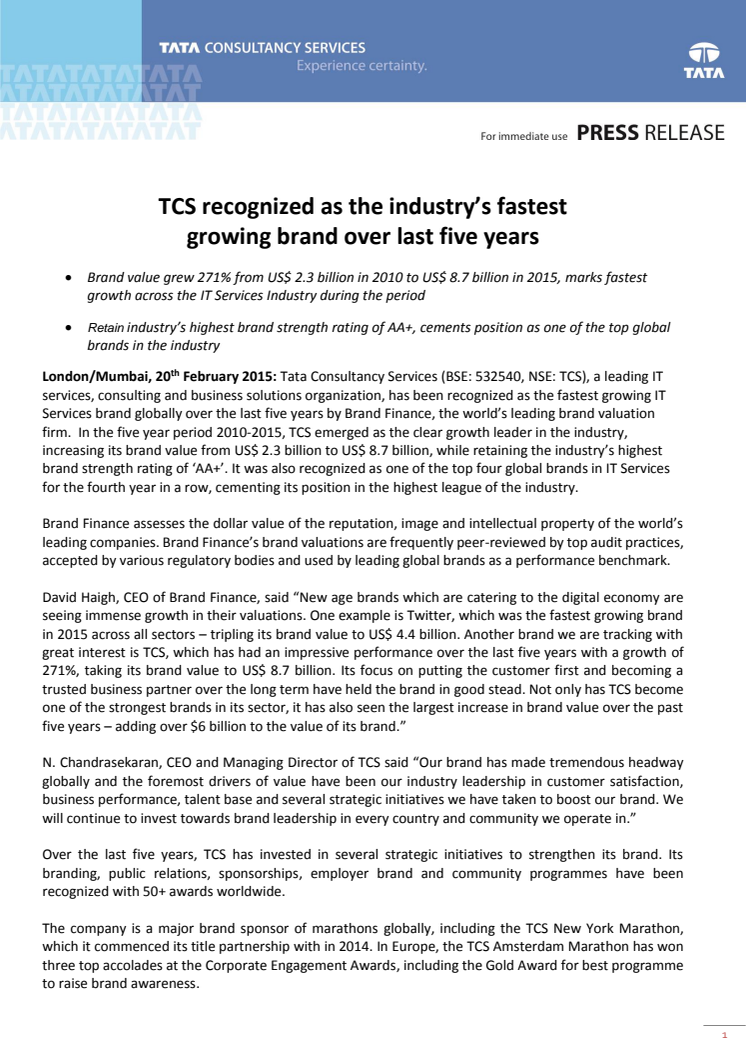 TCS er bransjens raskest voksende merkevare de siste fem år 