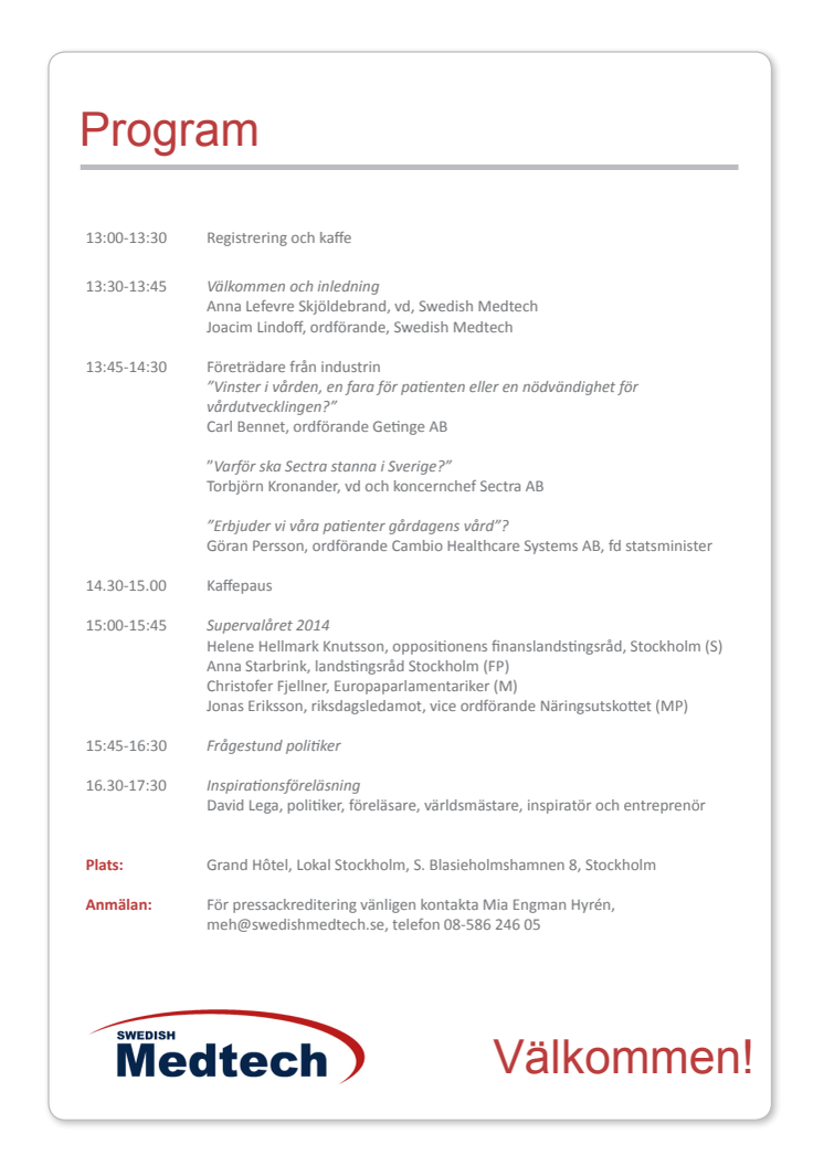 Program Swedish Medtechs årsmöteskonferens 2014
