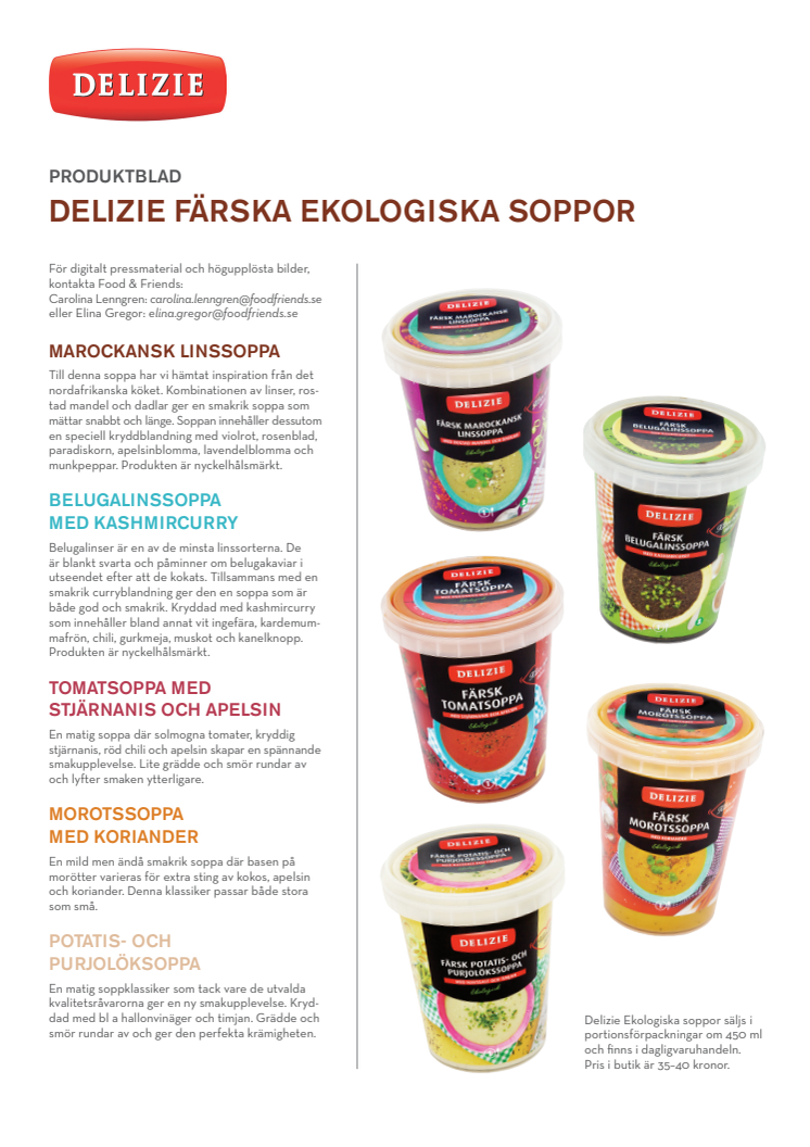 Färska, ekologiska soppor från Delizie - produktblad