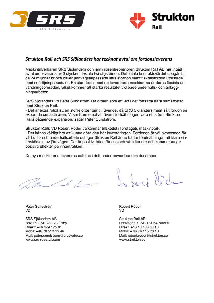Strukton Rail och SRS Sjölanders har tecknat avtal om fordonsleverans