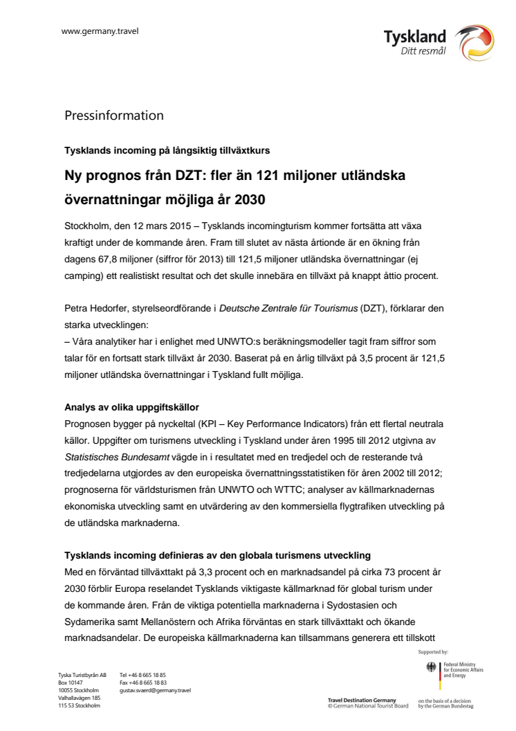 Ny prognos från DZT: fler än 121 miljoner utländska övernattningar möjliga år 2030