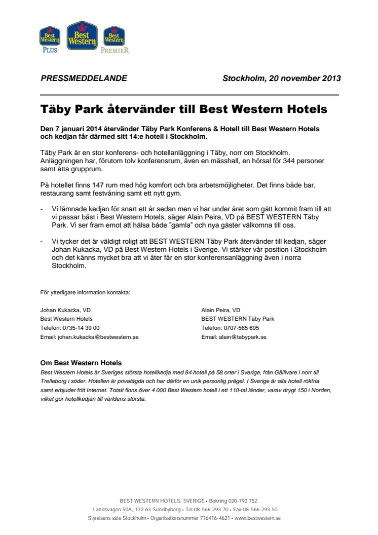 Täby Park återvänder till Best Western Hotels