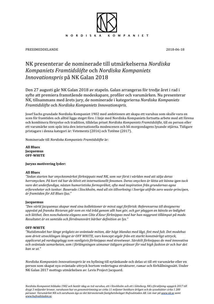 NK presenterar de nominerade till utmärkelserna Nordiska Kompaniets Framtidslöfte och Nordiska Kompaniets Innovationspris på NK Galan 2018