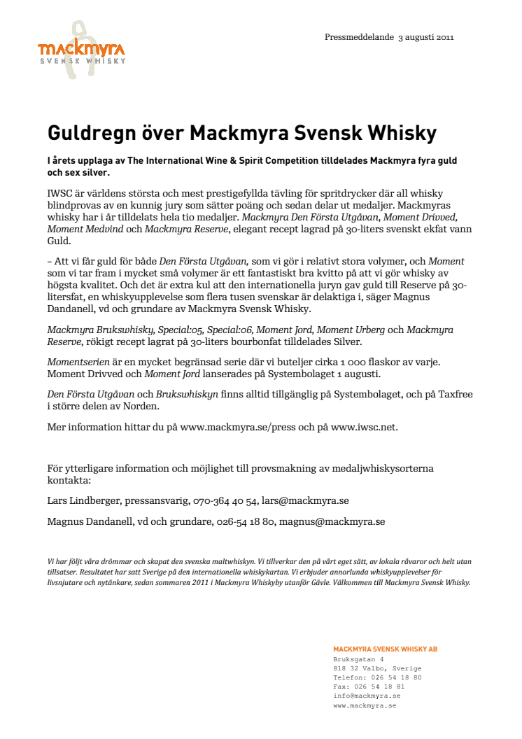 Guldregn över Mackmyra Svensk Whisky
